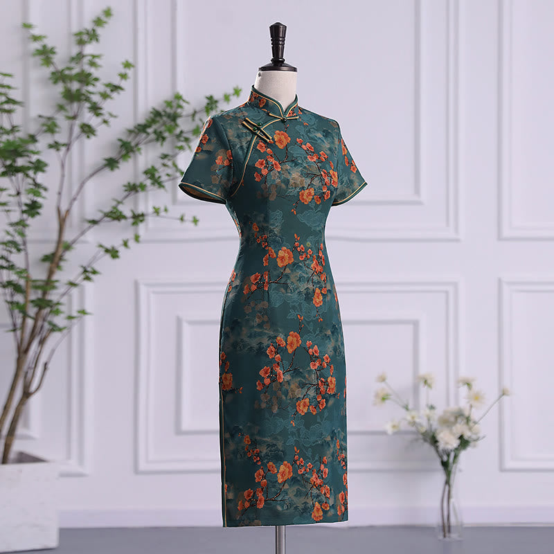 Robe Qipao à imprimé rétro avec Buddha Stones et fleurs de lotus et pivoines pour femme - image 1