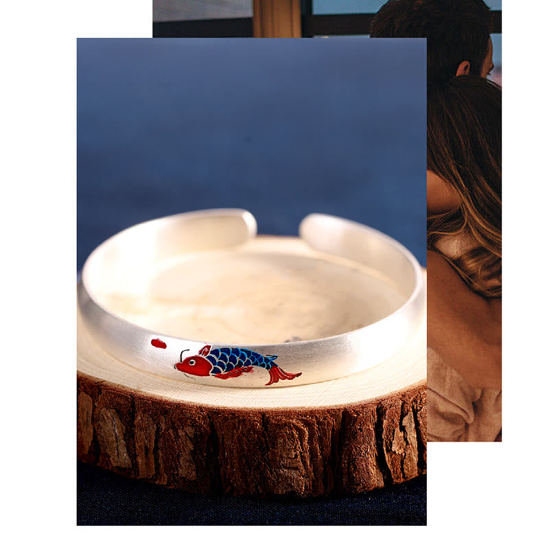 Bracelet manchette porte-bonheur en argent sterling 999 Buddha Stones et poisson koï - image 6