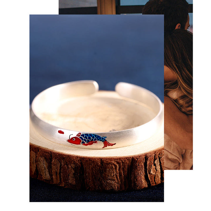 Bracelet manchette porte-bonheur en argent sterling 999 Buddha Stones et poisson koï - image 6