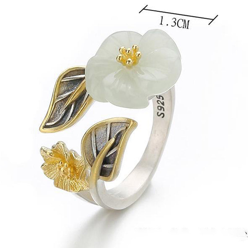 Buddha Stones bonheur en cuivre plaqué argent 925 avec jade blanc et fleur de prunier