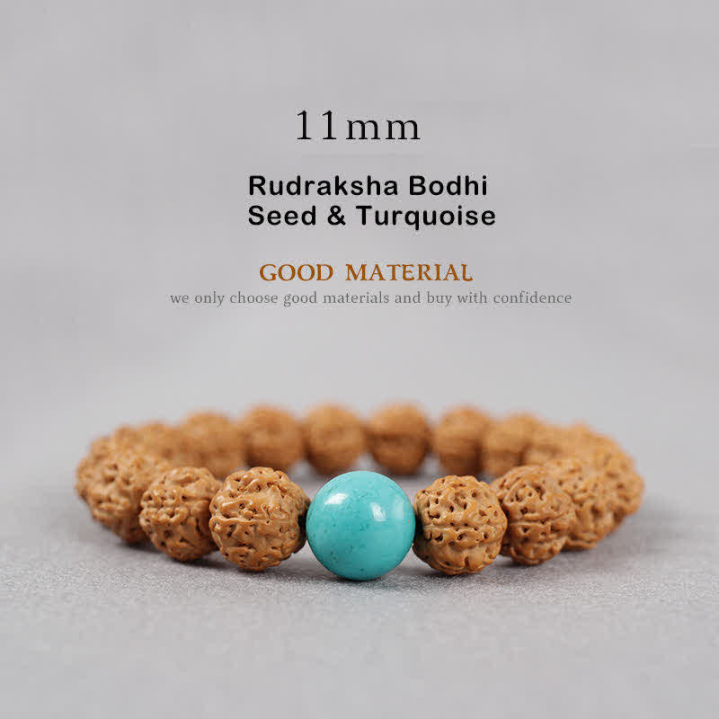Bracelet de richesse en Buddha Stones tibétaines Rudraksha Bodhi Seed Dzi Bead Amber Turquoise - 11 mm - Graine de Rudraksha Bodhi et turquoise - image 19