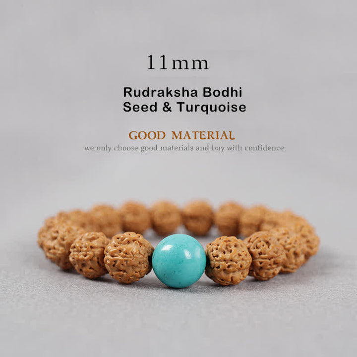 Bracelet de richesse en Buddha Stones tibétaines Rudraksha Bodhi Seed Dzi Bead Amber Turquoise - 11 mm - Graine de Rudraksha Bodhi et turquoise - image 19