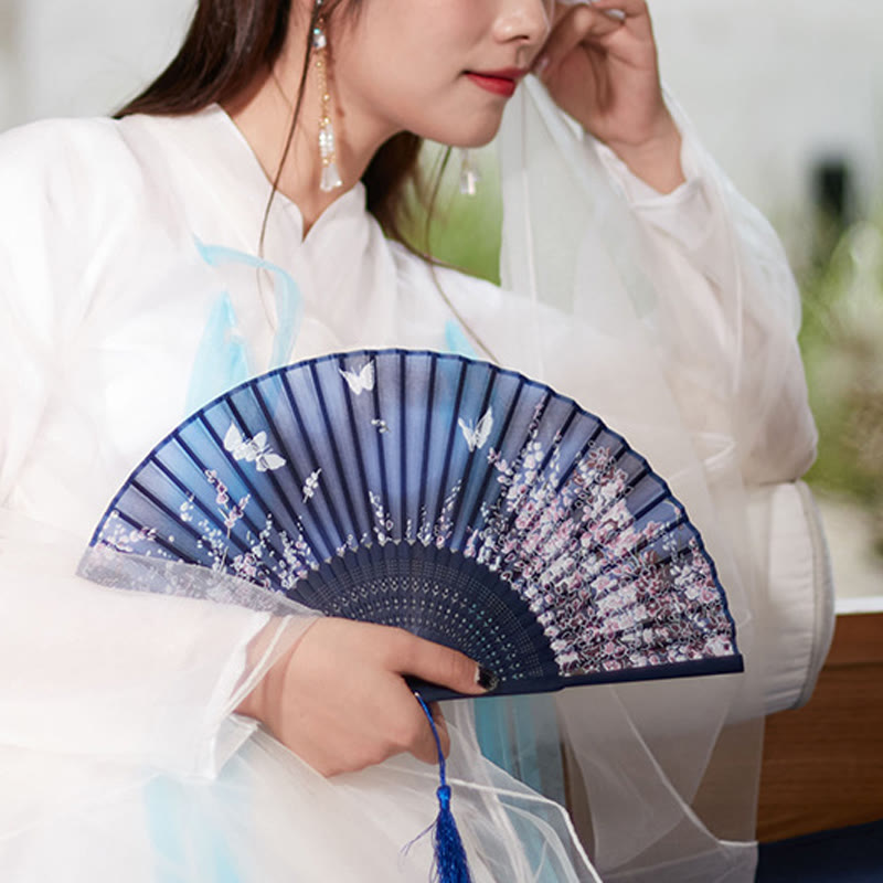 Éventail pliable en bambou avec Buddha Stones et fleurs papillons