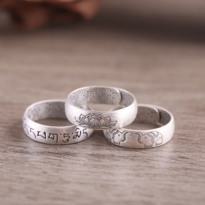 Bague de bénédiction en argent sterling 999 avec six mots vrais et éléphant de lotus de Buddha Stones - image 1