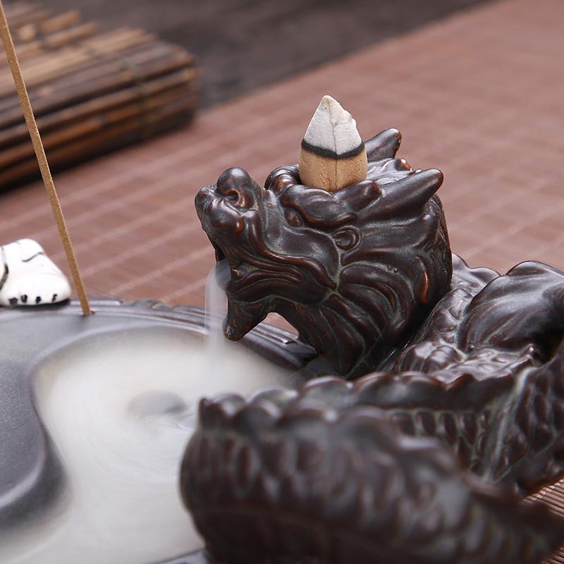 Fontaine à fumée à refoulement en Buddha Stones, tigre et dragon, en céramique, brûleur d'encens à bénédiction Yin Yang, décoration