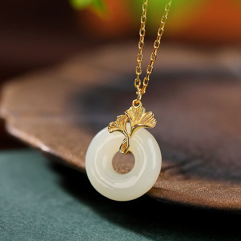 Buddha Stones -bonheur en argent sterling 925 avec boucle de paix en jade Hetian naturel et feuille de ginkgo - image 2