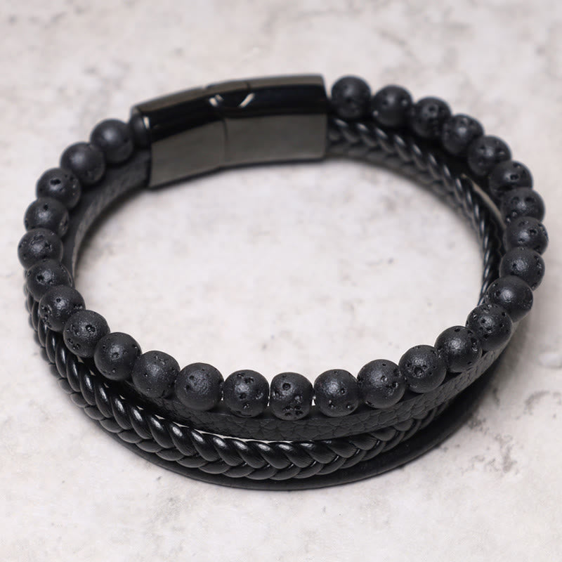 Bracelet en cuir avec perles en pierre de lave naturelle et onyx noir Buddha Stones