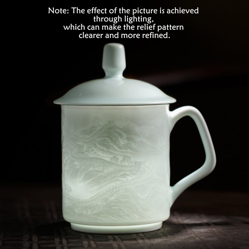 Tasse à thé en céramique gravée à la main en porcelaine blanche de Jingdezhen Buddha Stones et paysage de la Grande Muraille