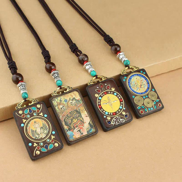 Collier pendentif en ébène Thangka Buddha Stones Tibet Dieu de la richesse