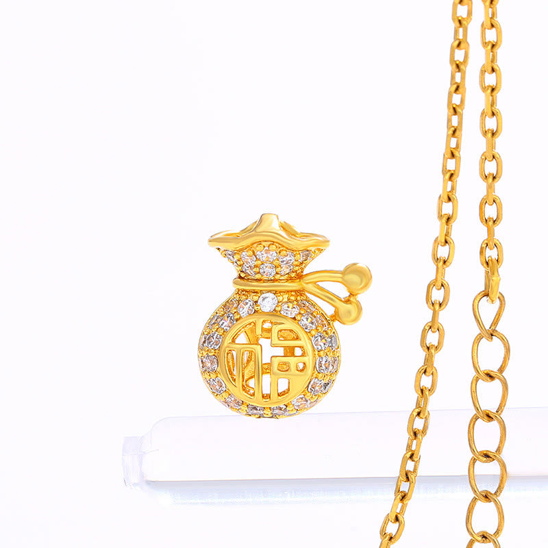 Collier avec pendentif en forme de sac d'argent en plaqué or 24 carats avec personnage Fu