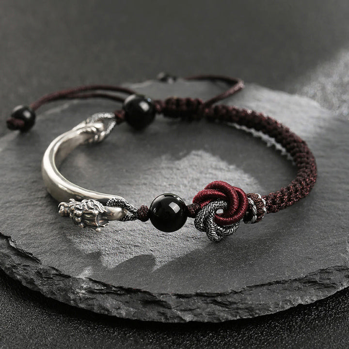Bracelet tressé artisanal en argent sterling 925 Buddha Stones et dragon porte-bonheur