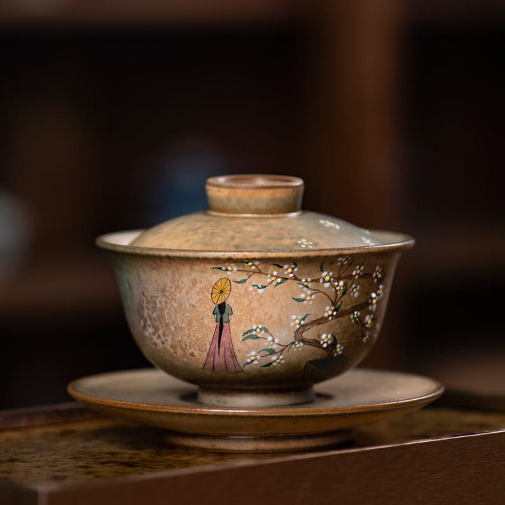Buddha Stones Jingdezhen peintes à la main en porcelaine au four Ru Hanfu Girl Flower Ceramic Gaiwan Sancai Teacup Kung Fu Tea Cup And Saucer With Lid