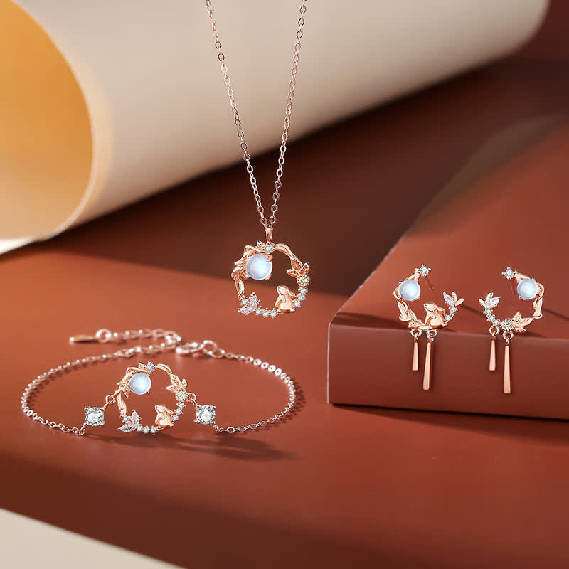 Collier pendentif bracelet boucles d'oreilles en argent sterling 925 avec motif fleur de lune et pierre de lune Année du lapin - image 3