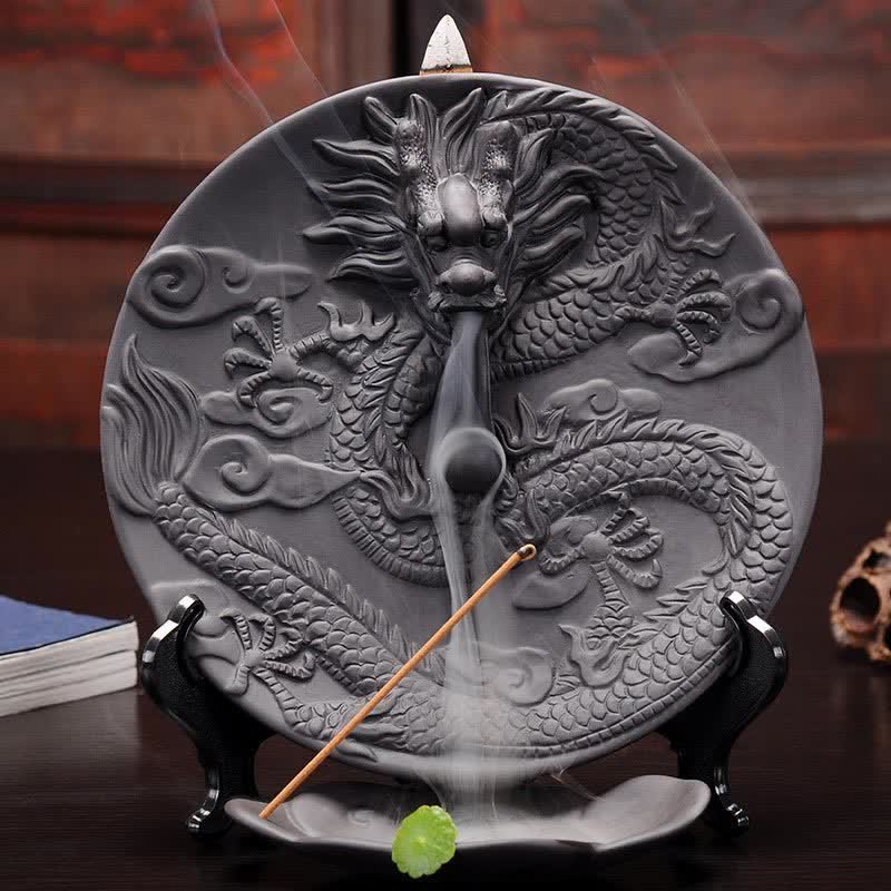 Brûleur d'encens de méditation à fontaine à fumée à refoulement en céramique Dragon