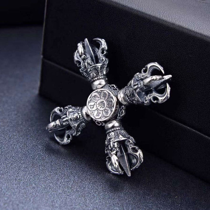 Pendentif de puissance spirituelle gravé double Dorje Vajra en argent sterling 925 tibétain Buddha Stones