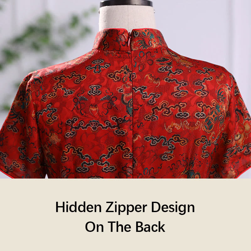 Robe Qipao pour femme avec imprimé feuilles et nuages ​​de bon augure vintage et Buddha Stones - image 6