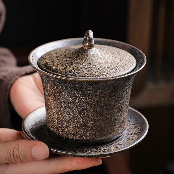 Tasse à thé et soucoupe en céramique émaillée rouille rétro Buddha Stones Gaiwan Sancai Tasse à thé Kung Fu avec couvercle