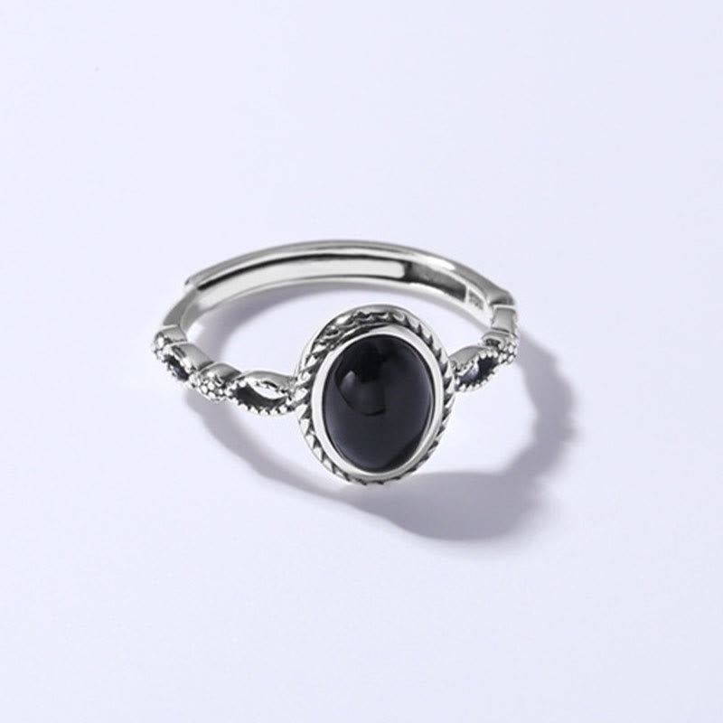 Buddha Stones Bague de fortune en argent Sterling 925 Onyx noir