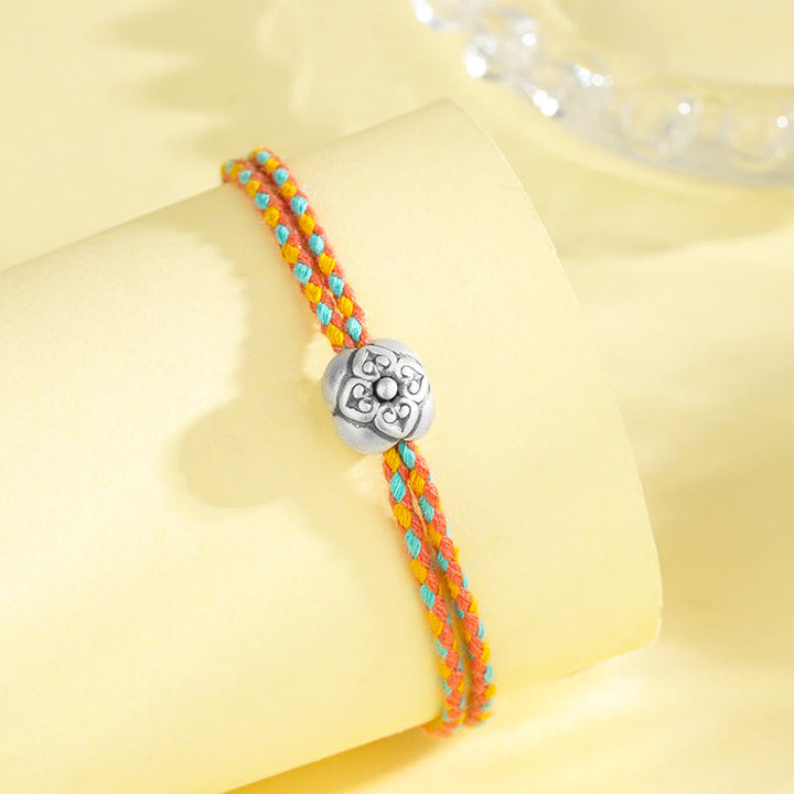 Bracelet tressé multicolore en argent sterling 999 avec pierre porte-bonheur Kaki de Buddha Stones