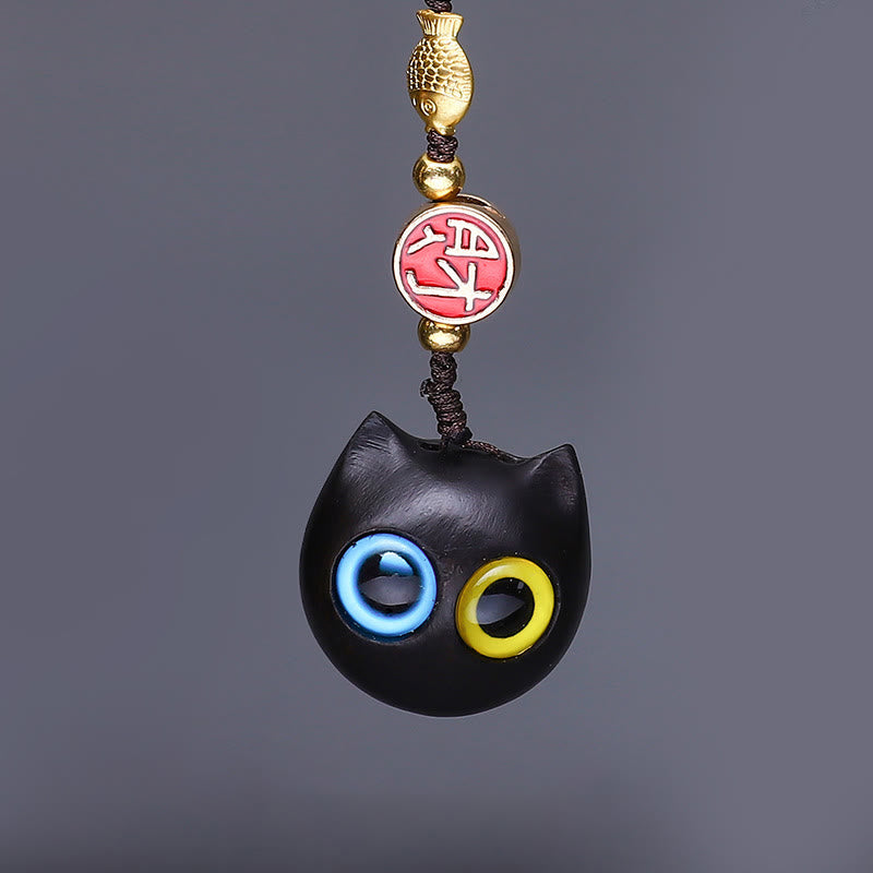 Buddha Stones Thuja Sutchuenensis Bois de santal vert Buis Mini Animal mignon Lapin Chat Cerf Baleine Prospérité Téléphone Décorations suspendues - Chat aux yeux bleus et jaunes en bois de santal rouge - image 6