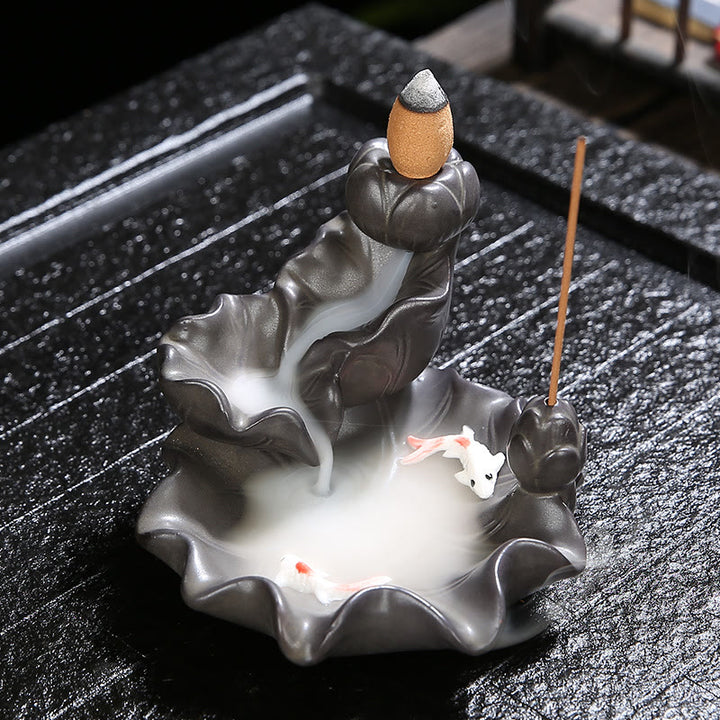 Brûleur d'encens porte-bonheur en forme de poisson Koi en Buddha Stones