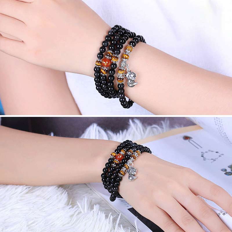 Bracelet Mala porte-bonheur en obsidienne noire et œil de tigre avec 108 perles du zodiaque chinois