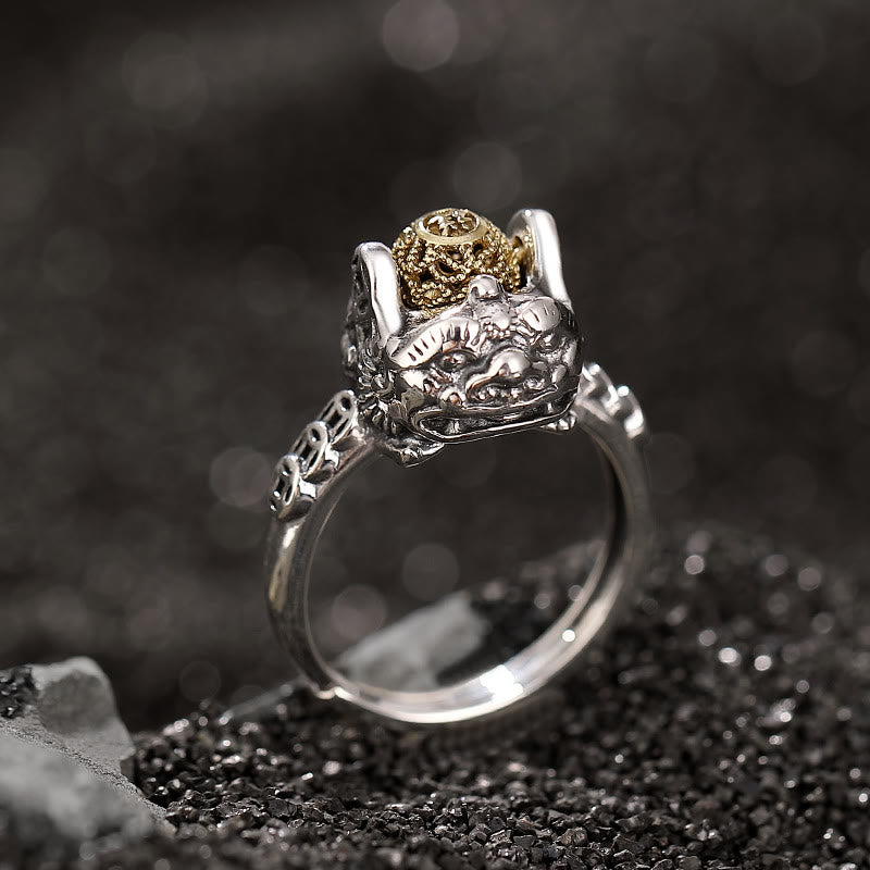 Bague ajustable en argent sterling 925 avec pièce de cuivre PiXiu et pierres de Buddha Stones - 54-60 mm (réglable) / US 7-9 (réglable) - image 0