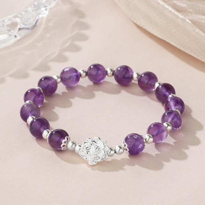 Bracelet spirituel Lotus en améthyste naturelle en argent sterling 925 Buddha Stones