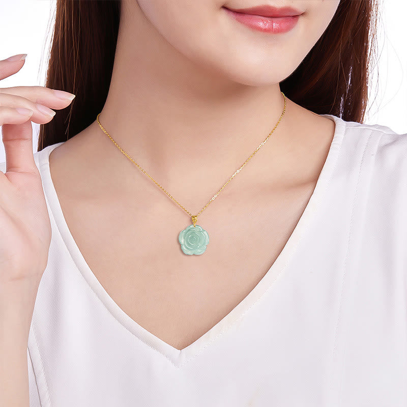 Collier pendentif porte-bonheur en jade naturel rose en argent sterling 925 et or 18 carats avec pierres de Buddha Stones