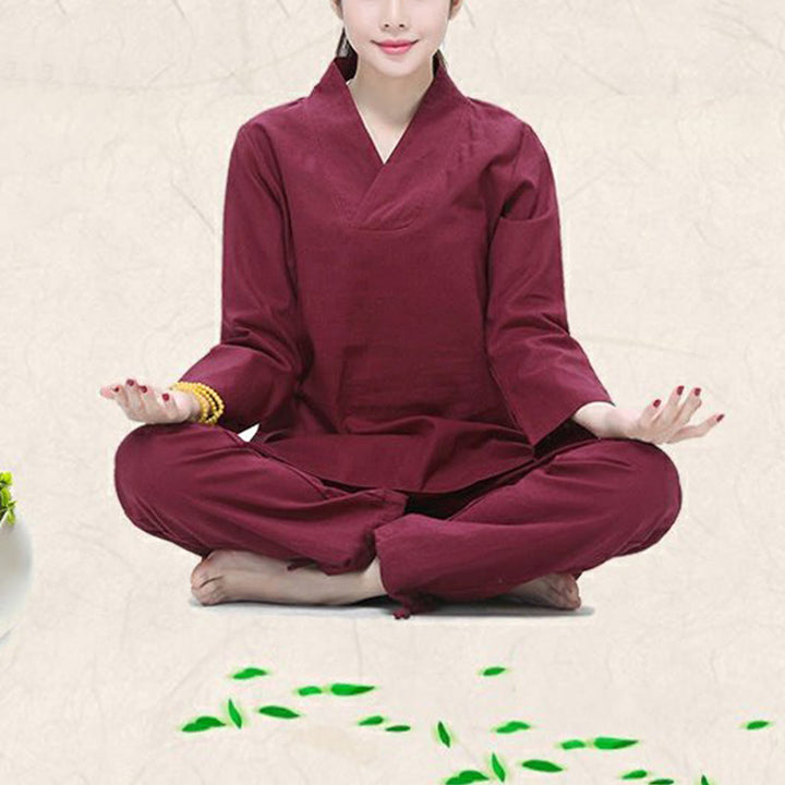 Ensemble de vêtements pour femmes en coton et lin avec Buddha Stones, pratique zen, yoga, méditation, prière, col en V