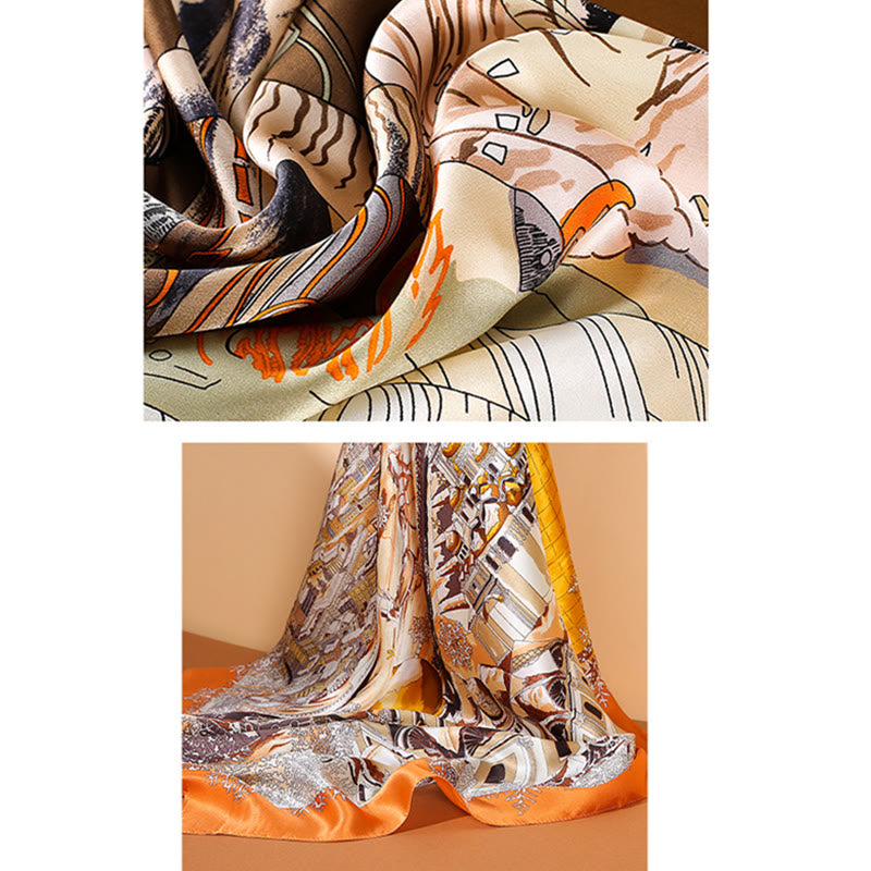 Foulard pour cheveux en soie de mûrier 100 % Buddha Stones et peinture à l'huile sur la ville, scène de neige, château, lotus