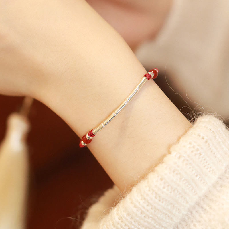 Bracelet tressé en argent sterling 925 avec perles d'agate blanche et d'agate rouge en bambou et pierres de Buddha Stones