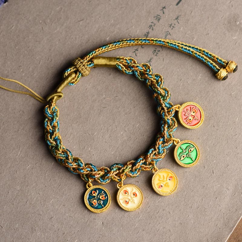 Bracelet en corde tressée fait main avec Buddha Stones tibétaines représentant les cinq dieux de la richesse et de la chance