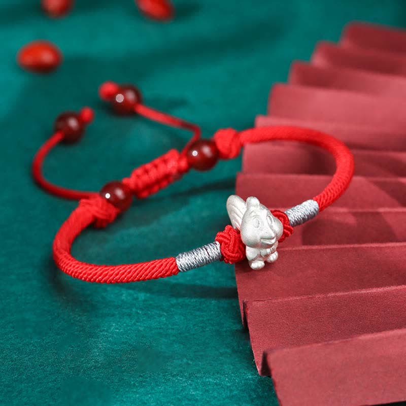 Bracelet en argent sterling 999 avec Buddha Stones et signe du zodiaque chinois, cordon rouge, force et chance