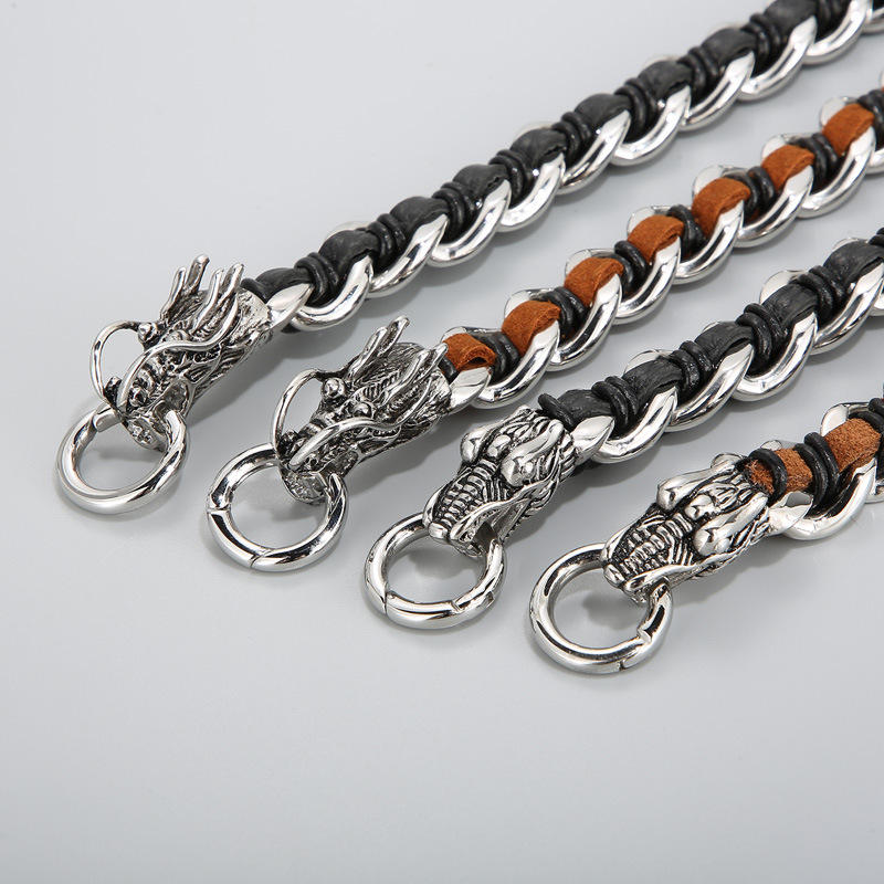 Bracelet tressé en cuir de dragon et acier titane pour protection et chance