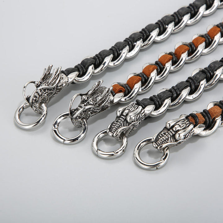 Bracelet tressé en cuir de dragon et acier titane pour protection et chance