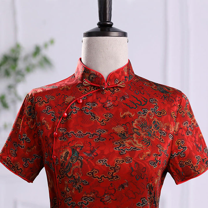 Robe Qipao pour femme avec imprimé feuilles et nuages ​​de bon augure vintage et Buddha Stones - image 11