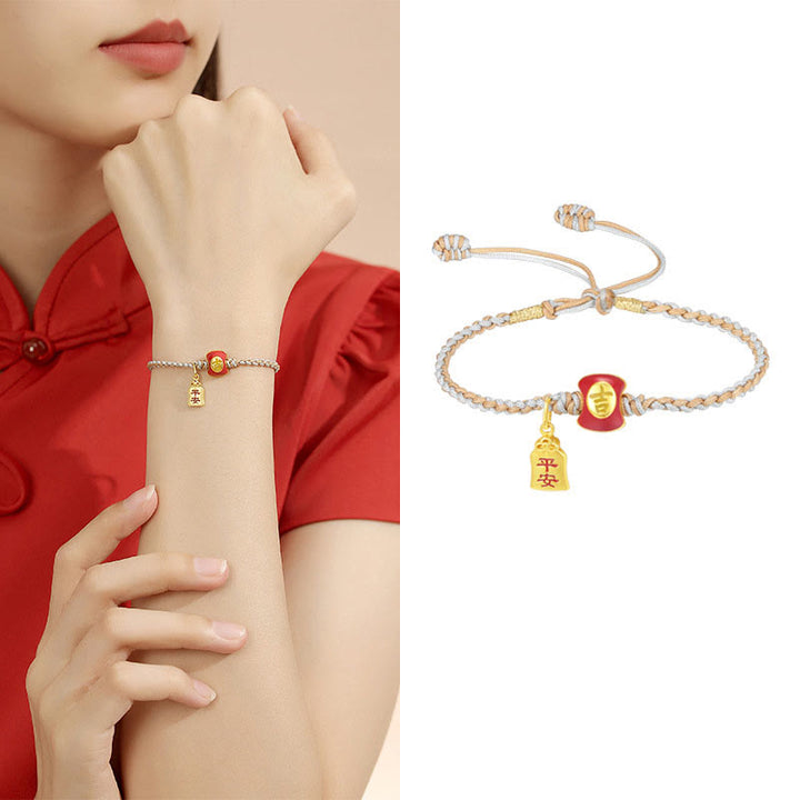Bracelet tressé en argent sterling 925 fait à la main avec des Buddha Stones et des bénédictions de caractères chinois de bon augure