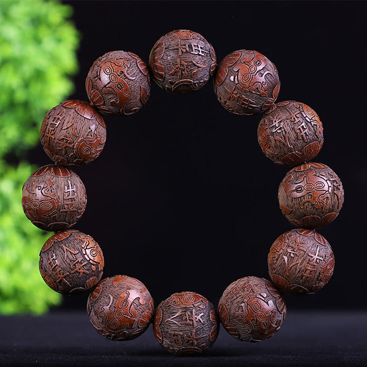 Bracelet de chaleur sculpté PiXiu en bois de rose, ébène, pièce de cuivre et Buddha Stones, signe du zodiaque chinois