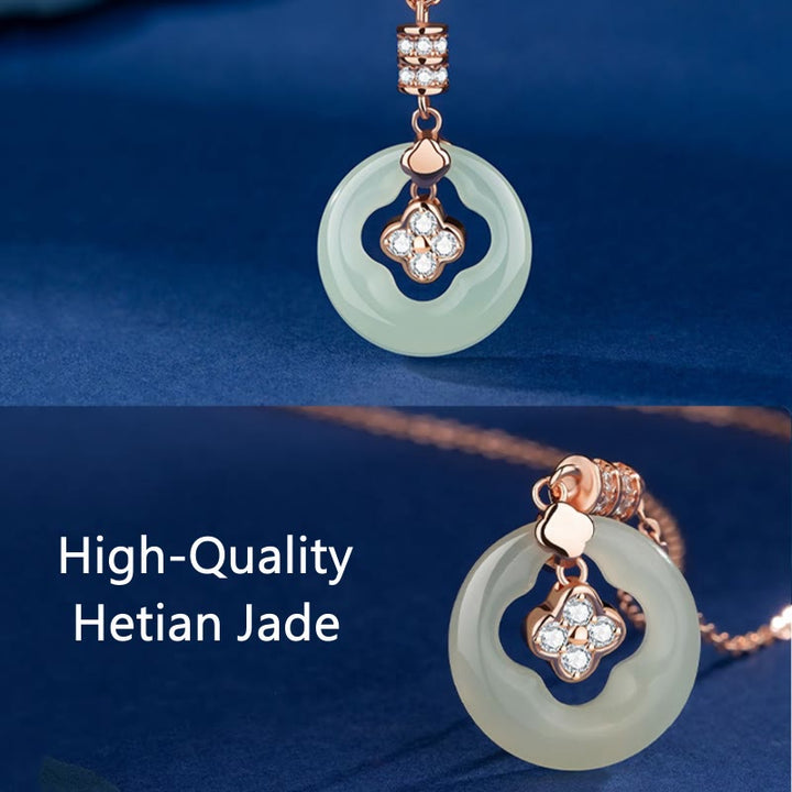 Collier pendentif trèfle à quatre feuilles en argent sterling 925 et jade Hetian naturel avec Buddha Stones et zircon avec boîte cadeau
