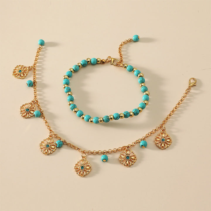 Lot de 2 bracelets de cheville en pierre turquoise avec protection en forme de fleur