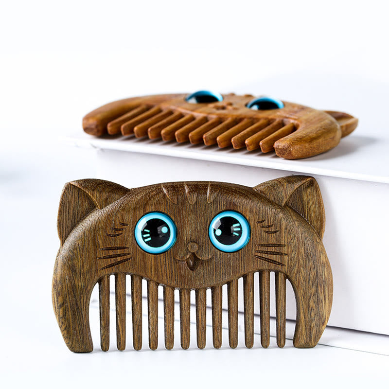 Peigne portable à motif de chat simple en bois de santal vert - image 4