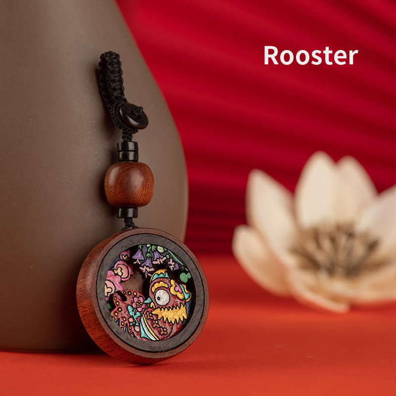 Porte-clés sculpté à la main en bois de rose avec Buddha Stones Année du Dragon Zodiaque chinois peint à la main