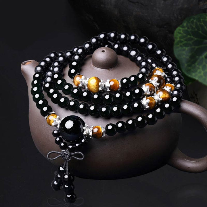 Bracelet Mala 108 perles en obsidienne noire naturelle œil de tigre Buddha Stones