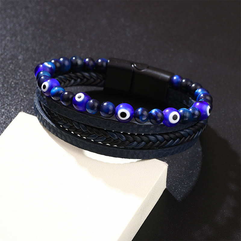 Bracelet tressé multicouches en perles de protection contre le mauvais œil et l'œil de tigre avec Buddha Stones