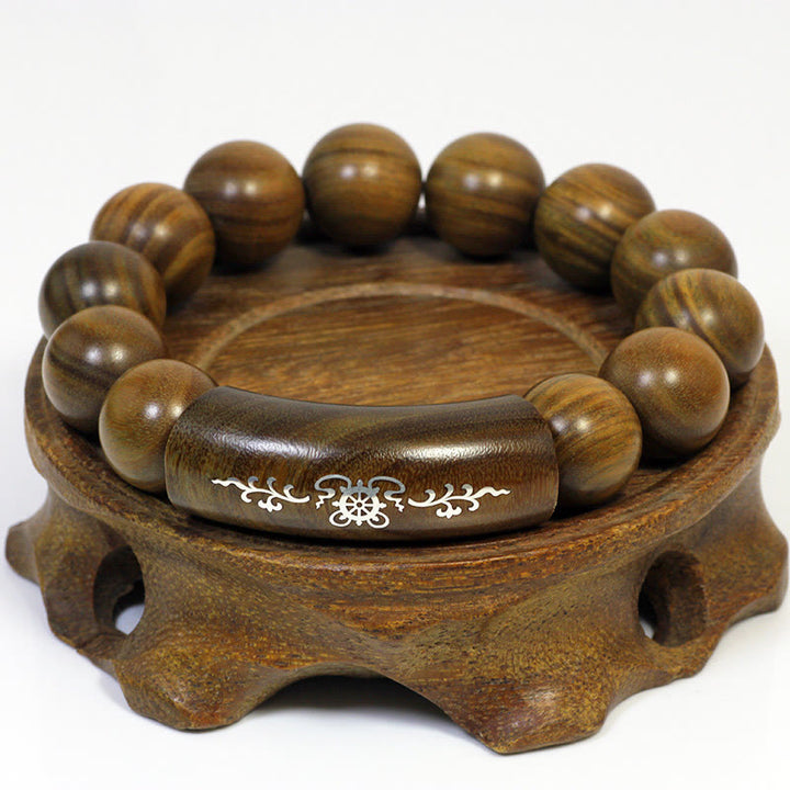 Bracelet de paix incrusté de Buddha Stones en argent sterling 999 et bois de santal vert Om Mani Padme Hum Dragon Phoenix Dharmachakra