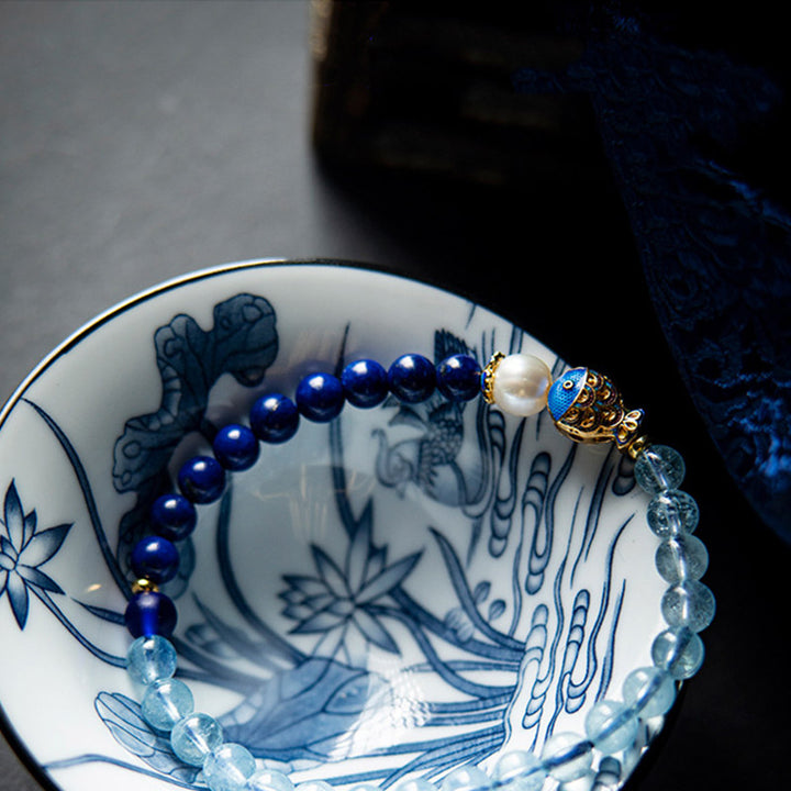 Bracelet de guérison en Buddha Stones, aigue-marine naturelle, lapis-lazuli et poisson - image 3