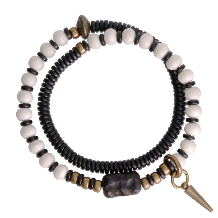 Bracelet couple force en bois d'ébène et cuivre, perles d'os et Buddha Stones