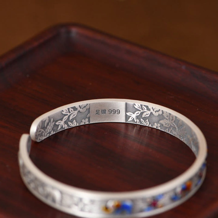 Bracelet manchette en argent sterling 999 avec Buddha Stones et éléphant
