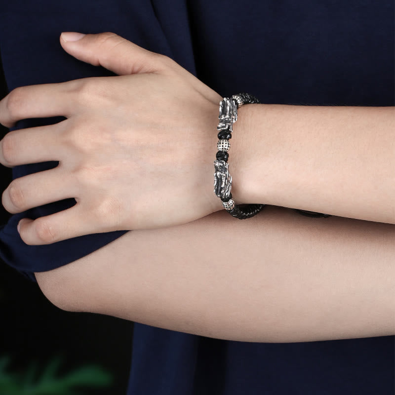 Bracelet tressé fait main en argent sterling 999 avec double dragon porte-bonheur de Buddha Stones